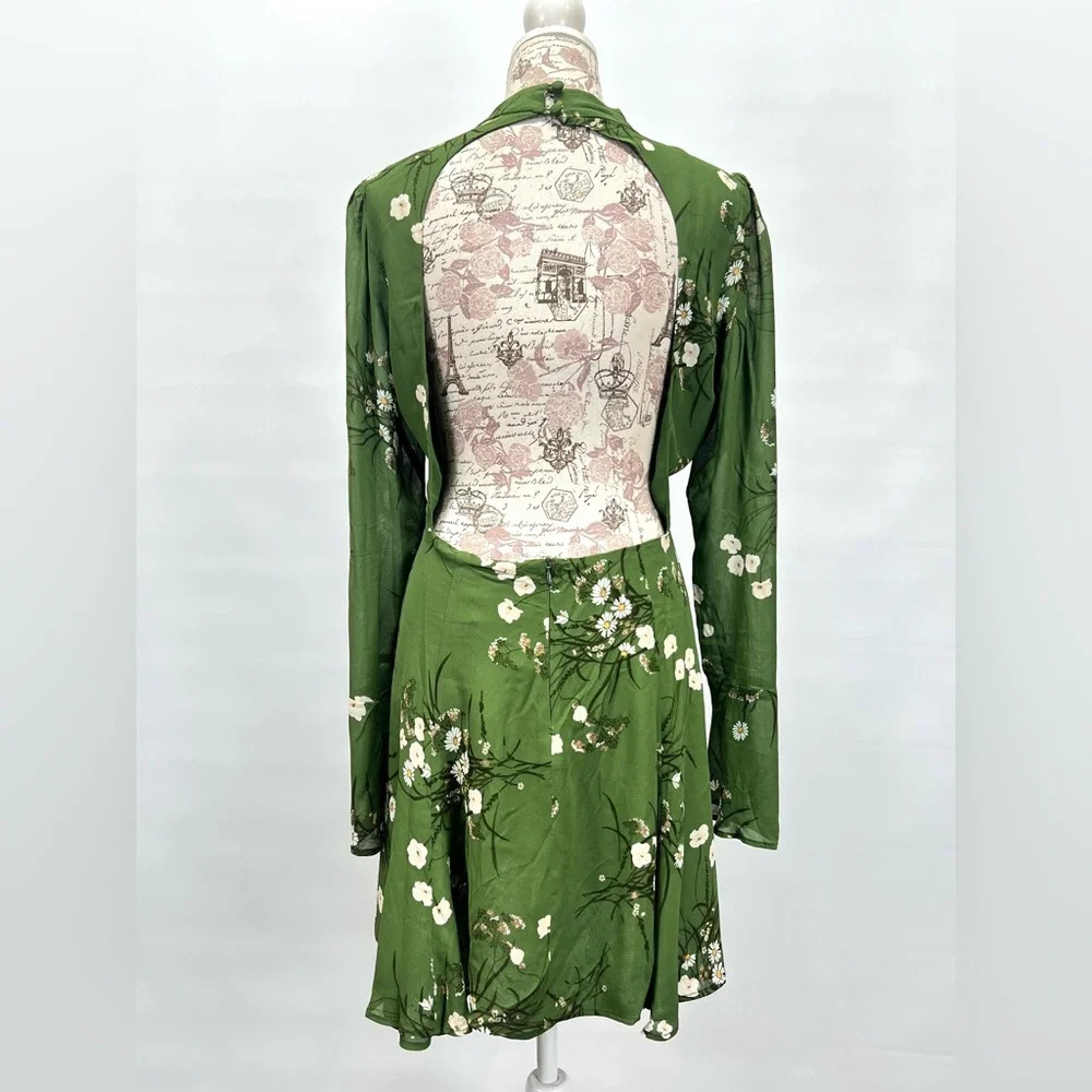 REFORMATION Lomita Green floral long sleeve open back PERSIS mini dress size 10. - Picture 9 of 16